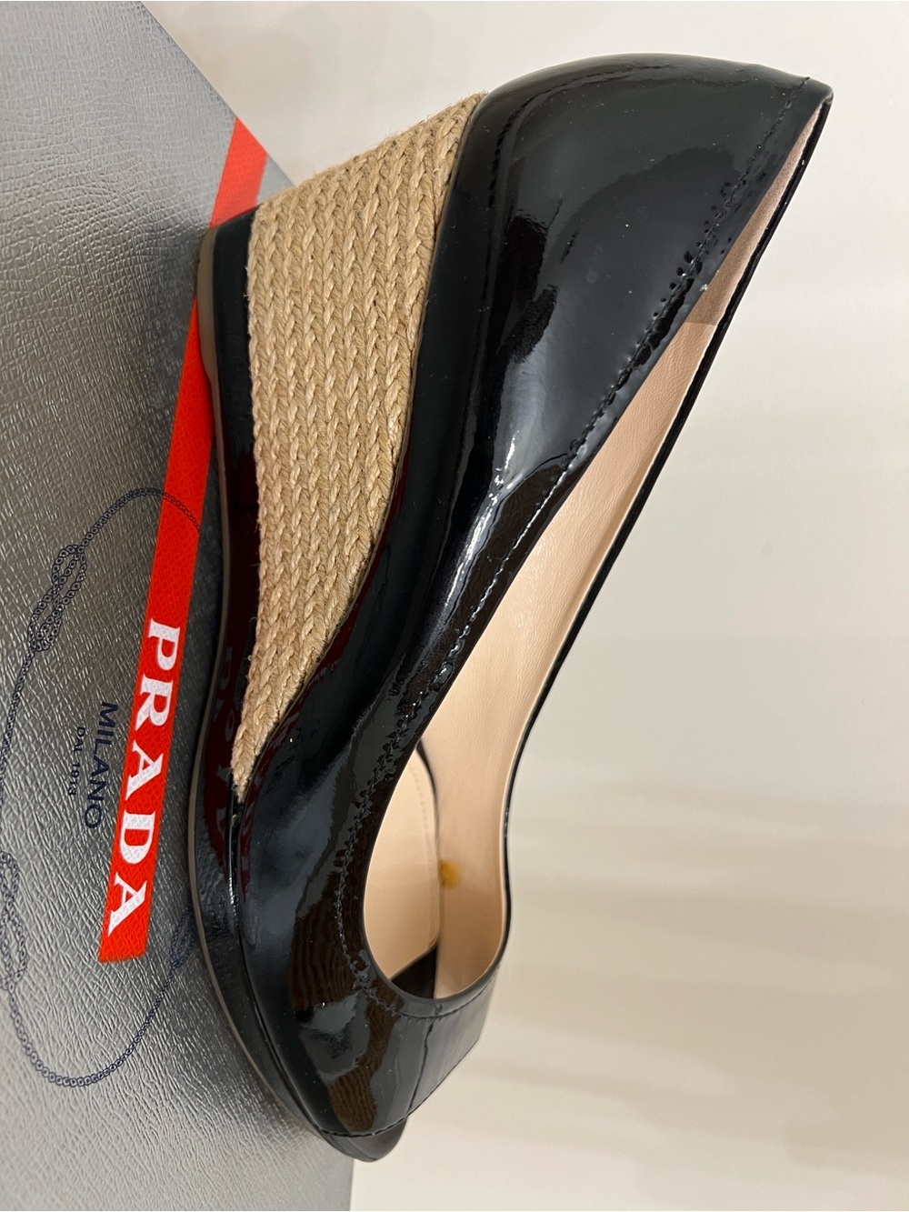 Prada Black Patent Leather Wedge with Natural Espadrille L CALZATURE DONNA